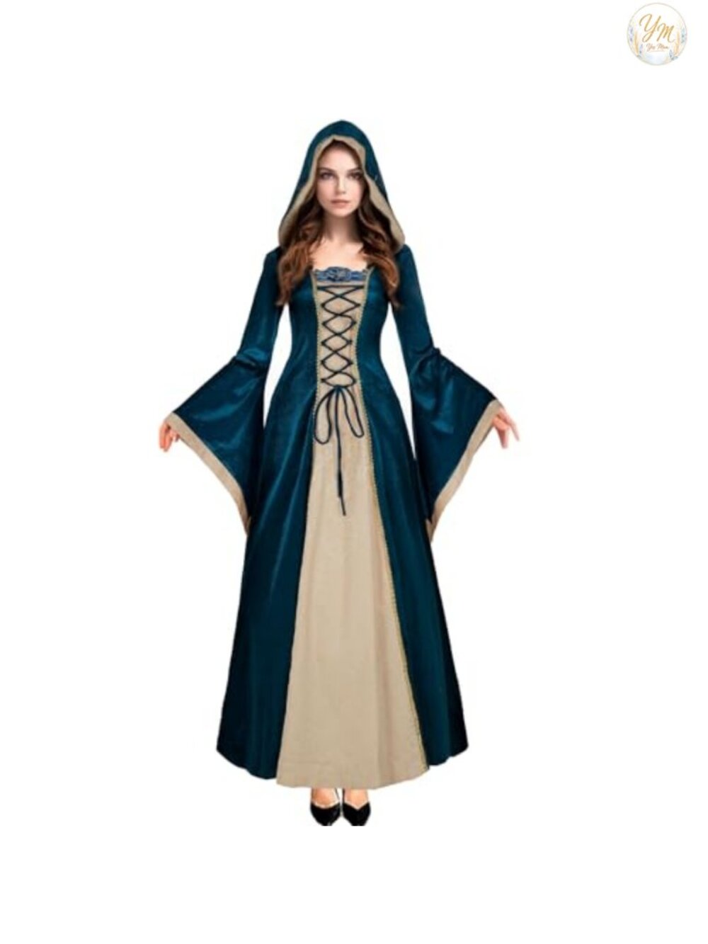 Velvet Hooded Renaissance Queen Dress Lace-Up Medieval Halloween Costume